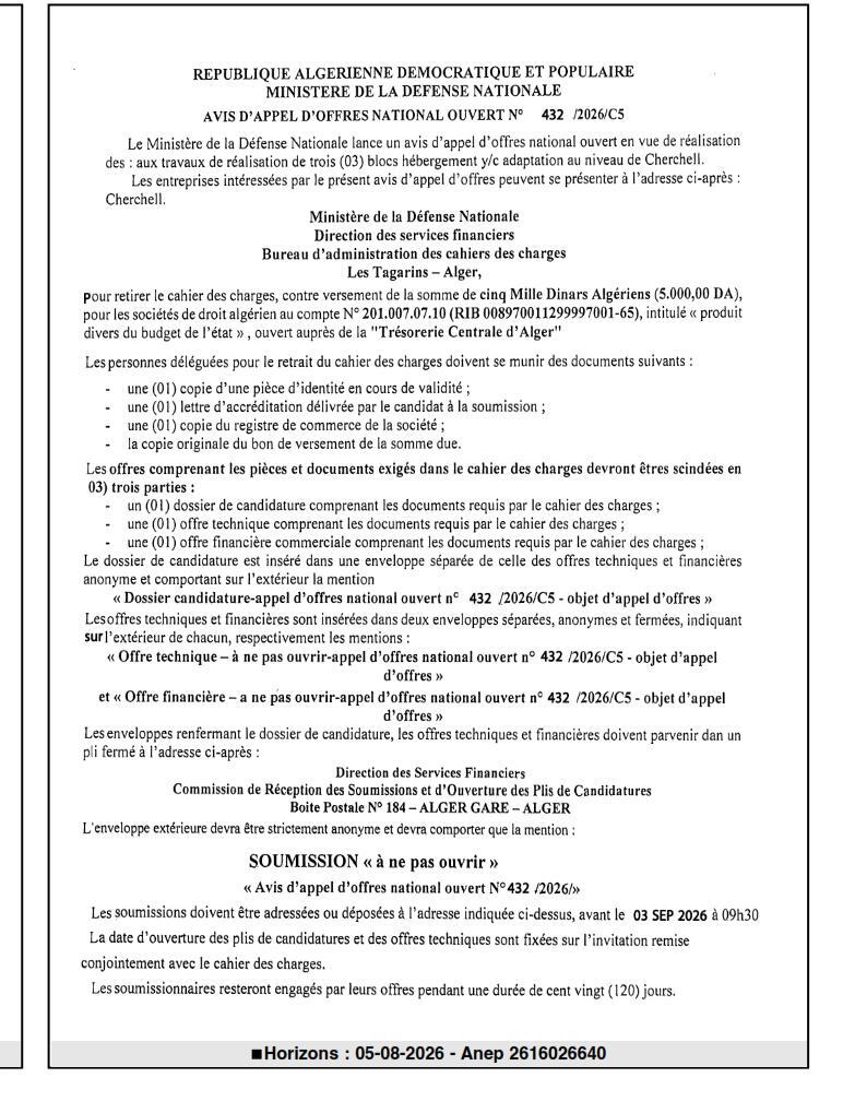 Appel d'offres national ouvert pour la réalisation de trois blocs d'hébergement à Cherchell