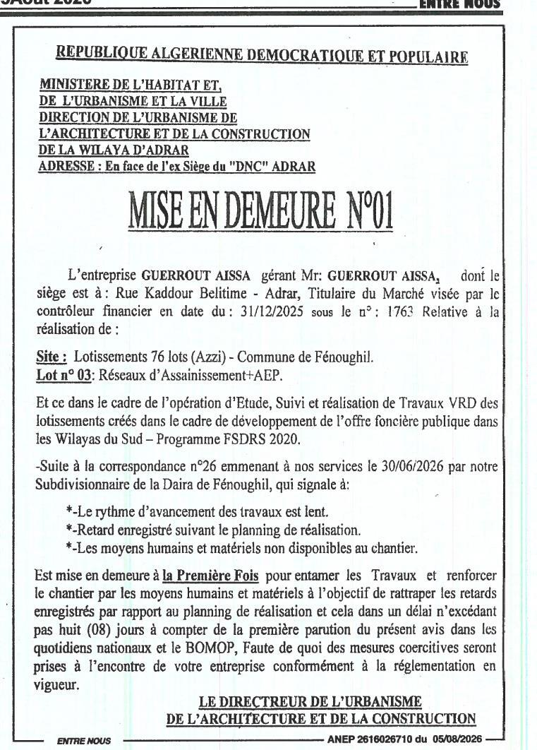 Mise en demeure relative à la réalisation de réseaux d'assainissement et d'adduction d'eau potable pour le lotissement n°03 du site Azzi à Fénoughil