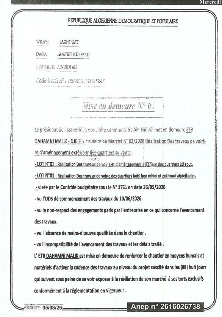 Mise en demeure pour non-respect des engagements contractuels d'un marché de travaux publics