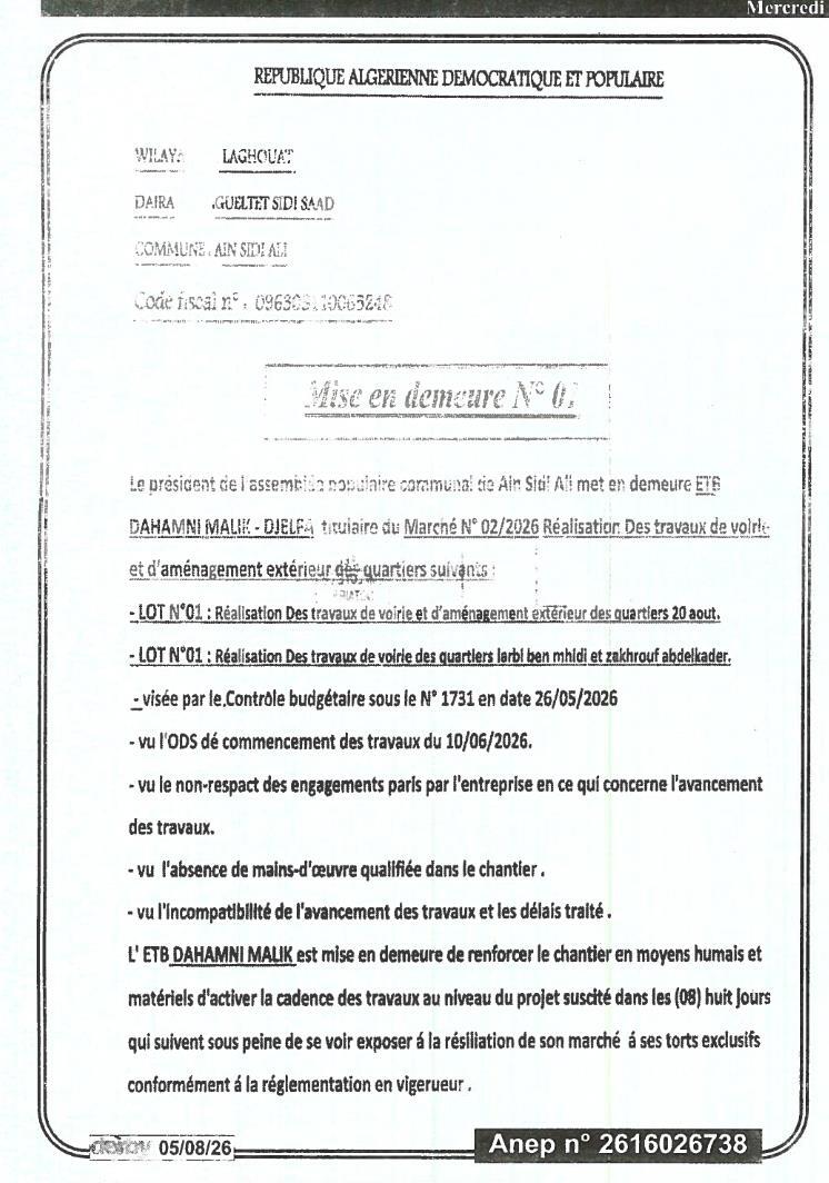 Mise en demeure pour non-respect des engagements contractuels d'un marché de travaux publics