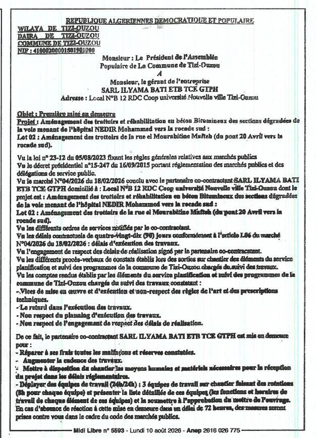 Première mise en demeure relative à l'exécution des travaux du lot 02 du marché N°04/2026