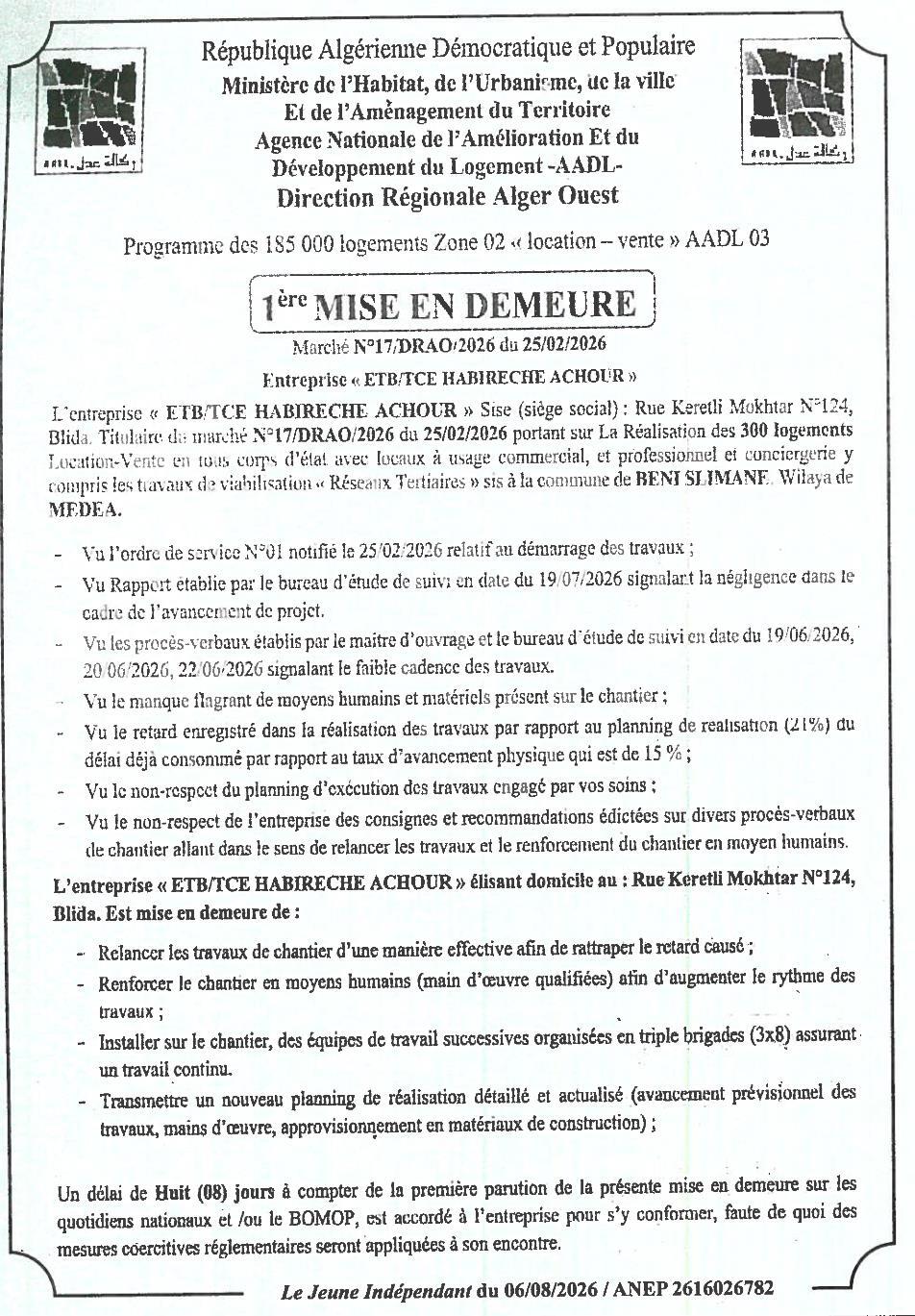 1ère Mise en demeure - Réalisation de 300 logements Location-Vente