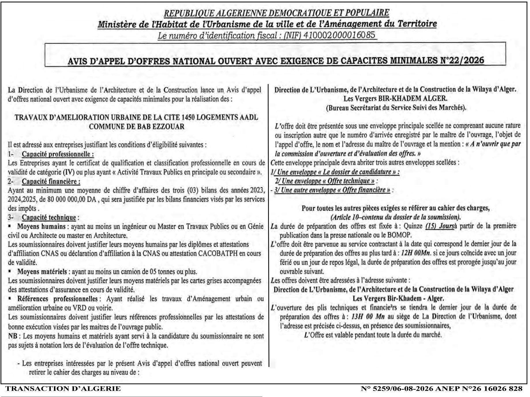 Appel d'offres national ouvert pour travaux d'amélioration urbaine de la cité 1450 logements AADL à Bab Ezzouar