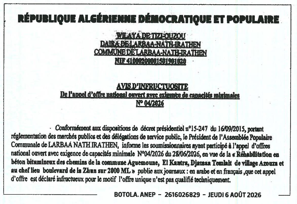Avis d'infructuosité pour la réhabilitation en béton bitumineux des chemins de la commune de Larbaa Nath Irathen