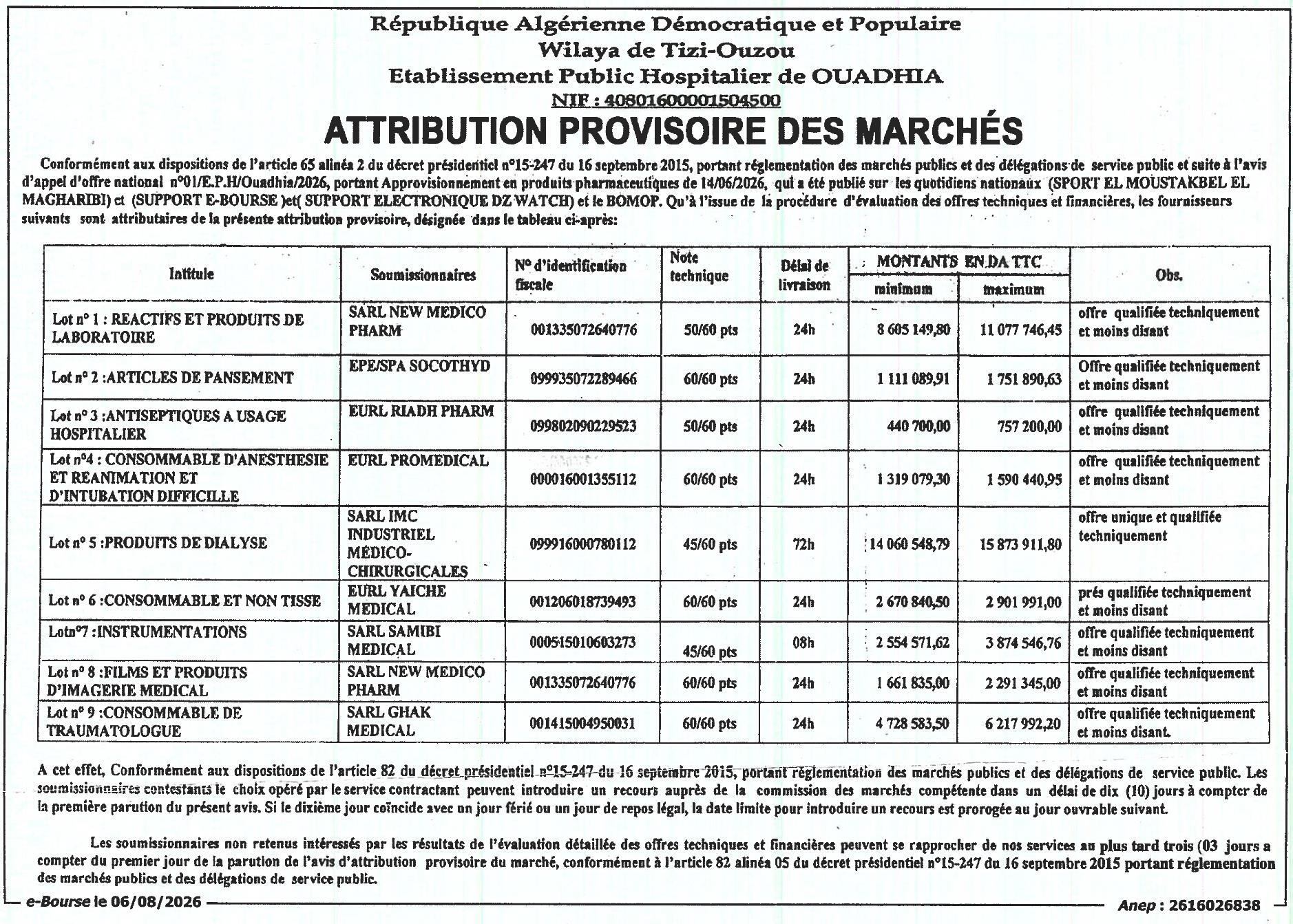 Avis d'attribution provisoire