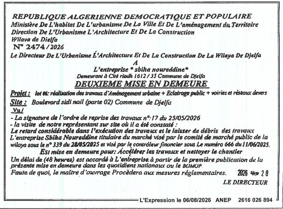 Deuxième mise en demeure pour accélération des travaux d'aménagement urbain et d'éclairage public