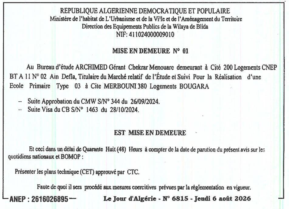Mise en demeure relative à l'étude et au suivi de réalisation d'une école primaire