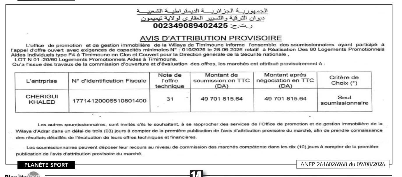 Avis d'attribution provisoire de marché pour la réalisation de 60 logements promotionnels aidés individuels F4 à Timimoune