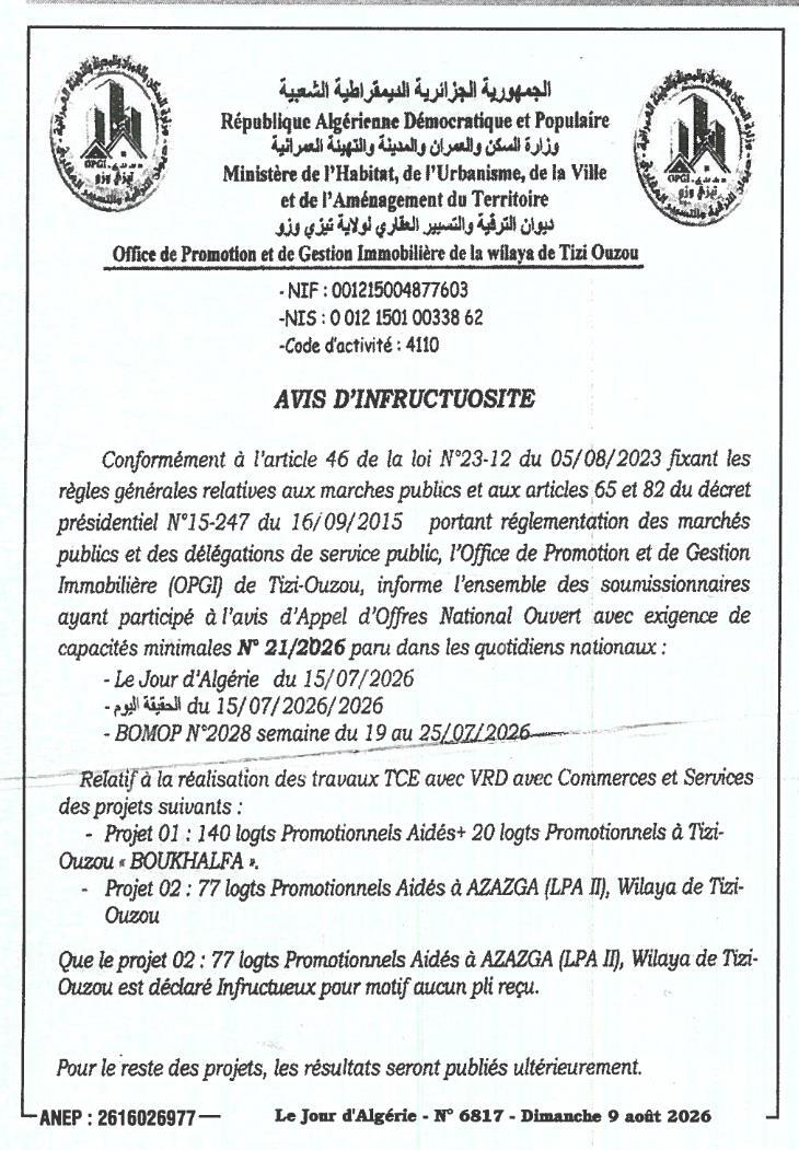 Avis d'infructuosité