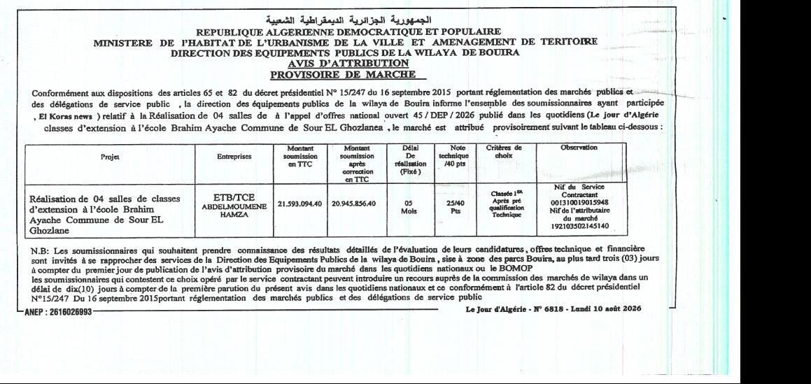 Avis d'attribution provisoire de marché pour la réalisation de 04 salles de classes d'extension à l'école Brahim Ayache