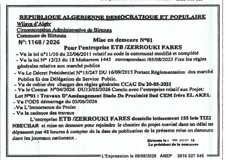 Mise en demeure pour non-respect des délais d'exécution des travaux
