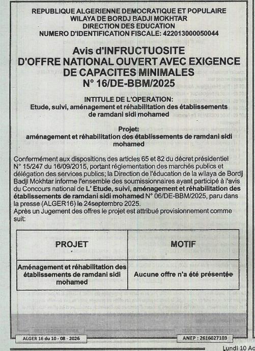 Avis d'infructuosité d'un appel d'offres national ouvert avec exigence de capacités minimales