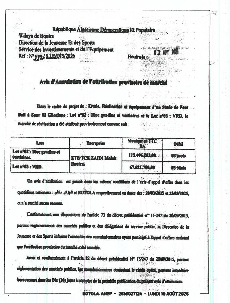 Avis d'annulation de l'attribution provisoire du marché pour l'étude, la réalisation et l'équipement d'un stade de football
