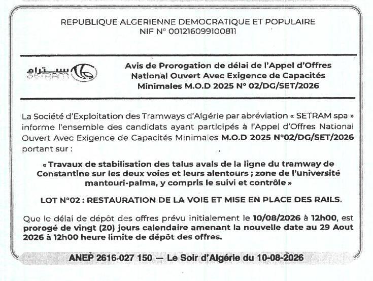 Avis de prorogation de délai pour travaux de stabilisation de talus et restauration de voie de tramway à Constantine