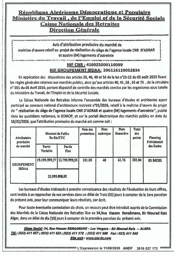 Avis d'attribution provisoire du marché de maîtrise d'œuvre pour la réalisation du siège de l'agence locale CNR d'Adrar et quatre logements d'astreinte