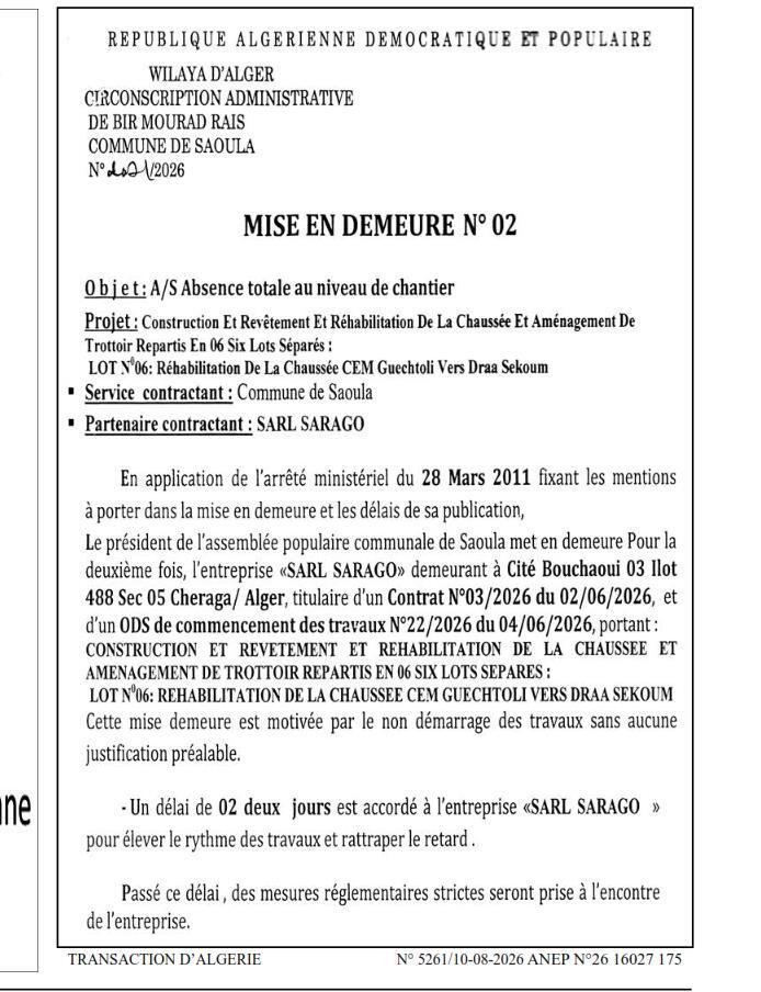 Mise en demeure à l'encontre de la SARL SARAGO pour non-démarrage des travaux