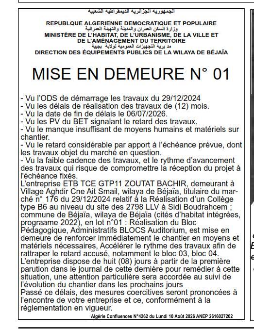 Mise en demeure relative à la réalisation d'un collège type B6