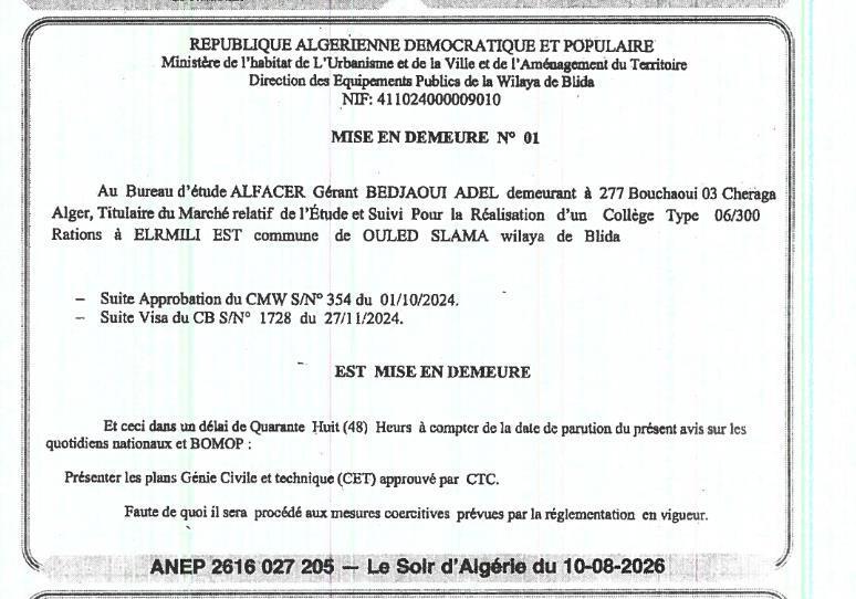 Mise en demeure relative à l'étude et au suivi de réalisation d'un collège