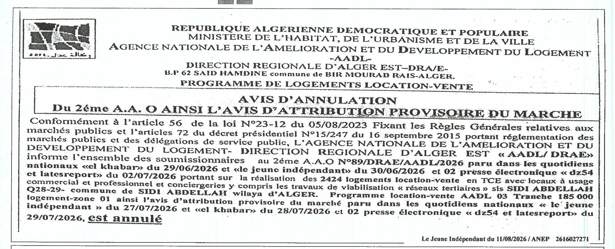 Avis d'annulation du marché de réalisation de logements location-vente