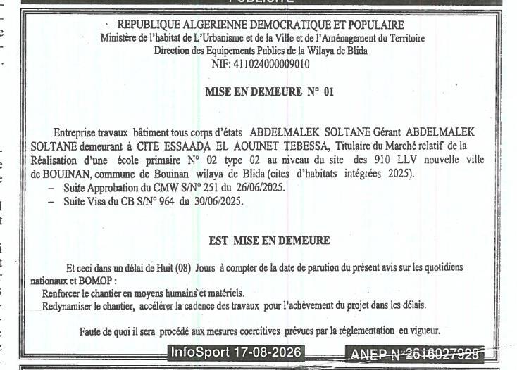 Mise en demeure relative à la réalisation d'une école primaire