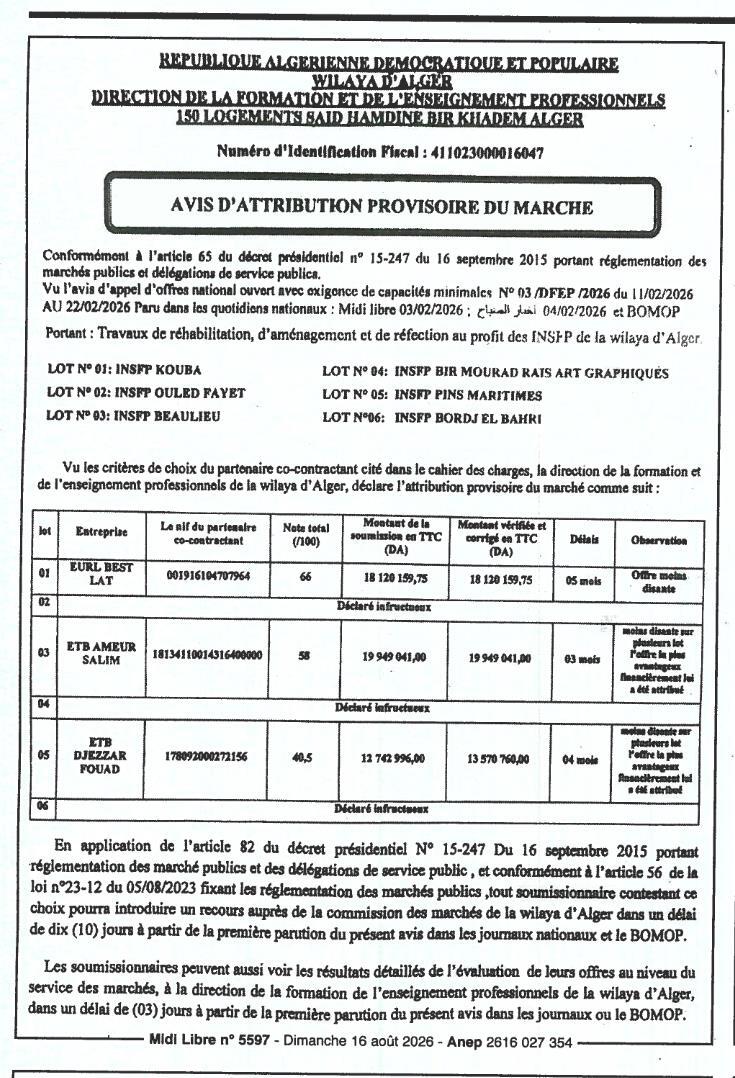 Avis d'attribution provisoire de marché pour des travaux de réhabilitation et d'aménagement de logements et INSFP