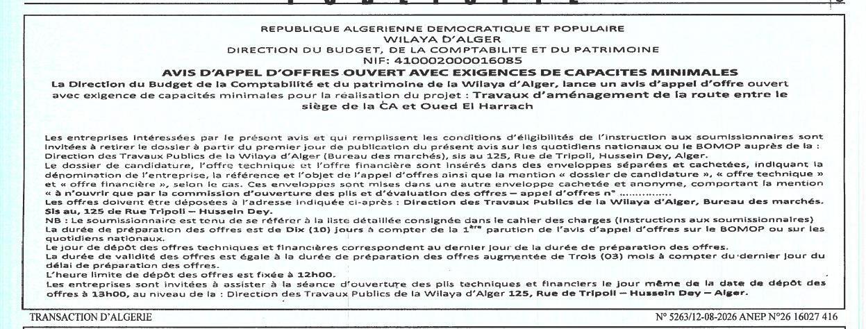 Appel d'offres pour travaux d'aménagement de la route entre le siège de la CA et Oued El Harrach