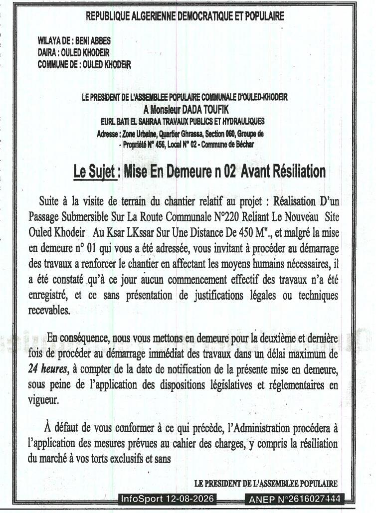 Mise en demeure n° 02 avant résiliation