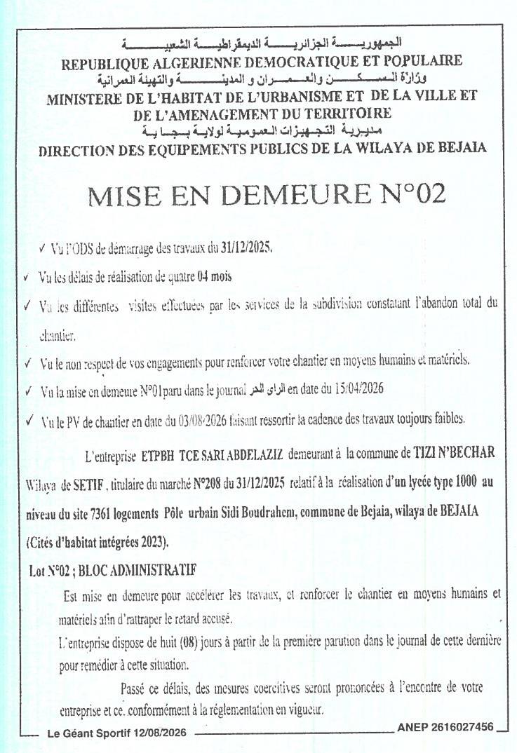 Mise en demeure pour accélération des travaux de réalisation d'un lycée type 1000
