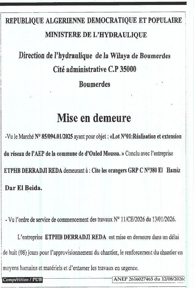Mise en demeure pour travaux d'hydraulique dans la commune d'Ouled Moussa