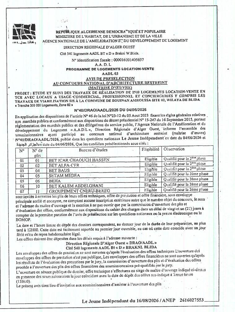 Avis de présélection au concours national d'architecture restreint (maîtrise d'œuvre) pour l'étude et le suivi des travaux de réalisation de 2500 logements location-vente