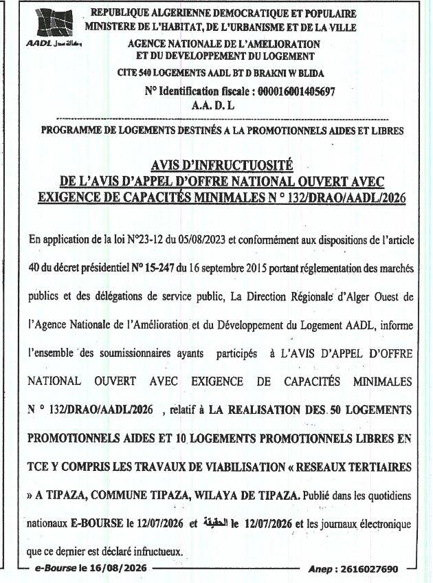 Avis d'infructuosité de l'appel d'offres n° 132/DRAO/AADL/2026 pour la réalisation de 540 logements AADL à Tipaza