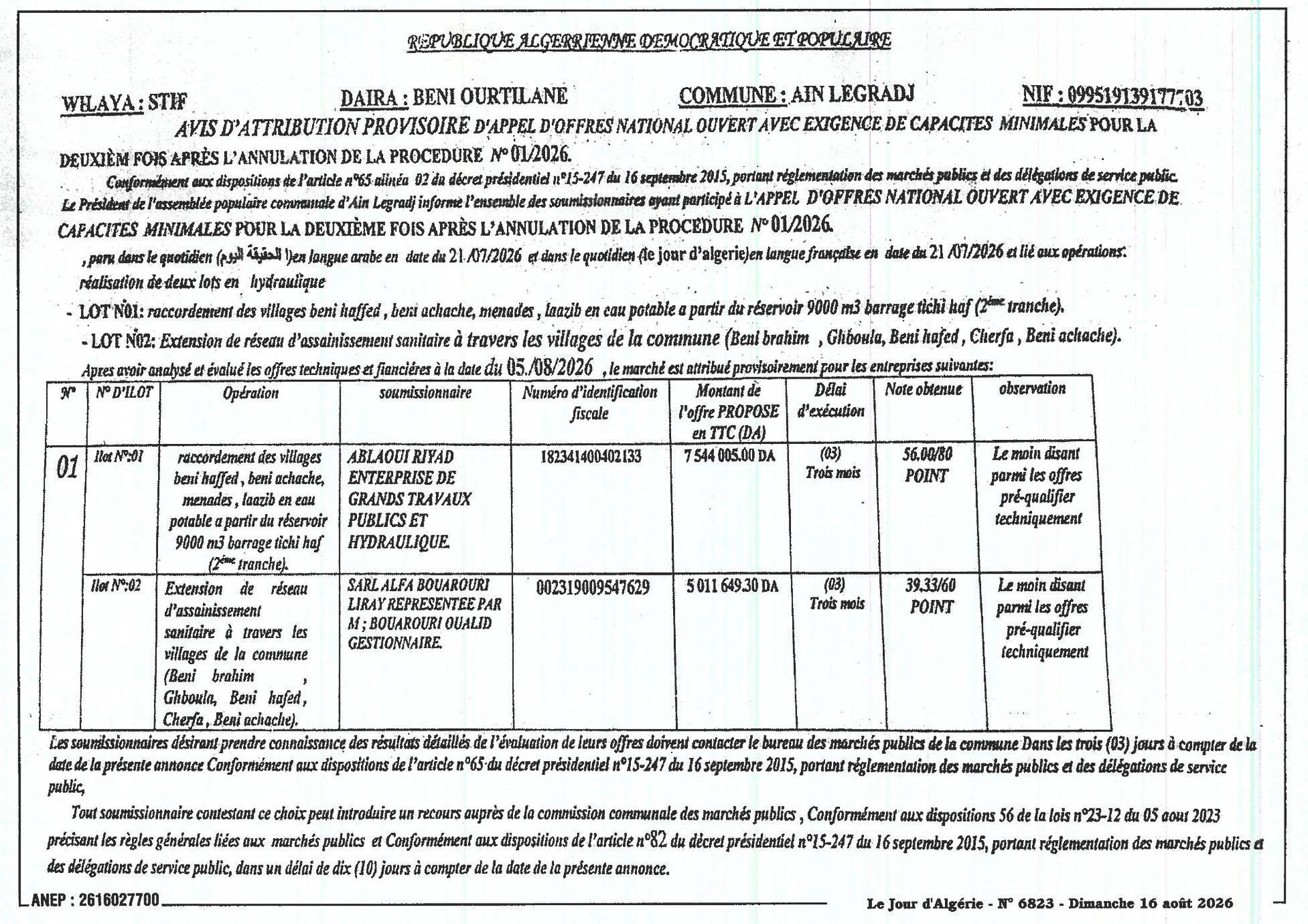 Avis d'attribution provisoire pour la réalisation de deux lots en hydraulique