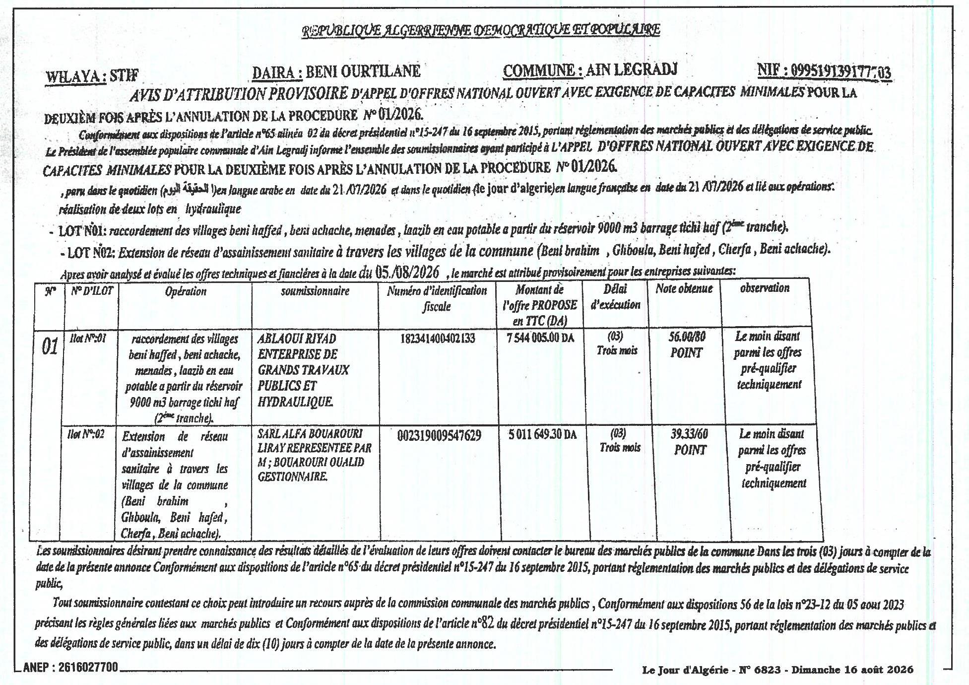 Avis d'attribution provisoire pour la réalisation de deux lots en hydraulique