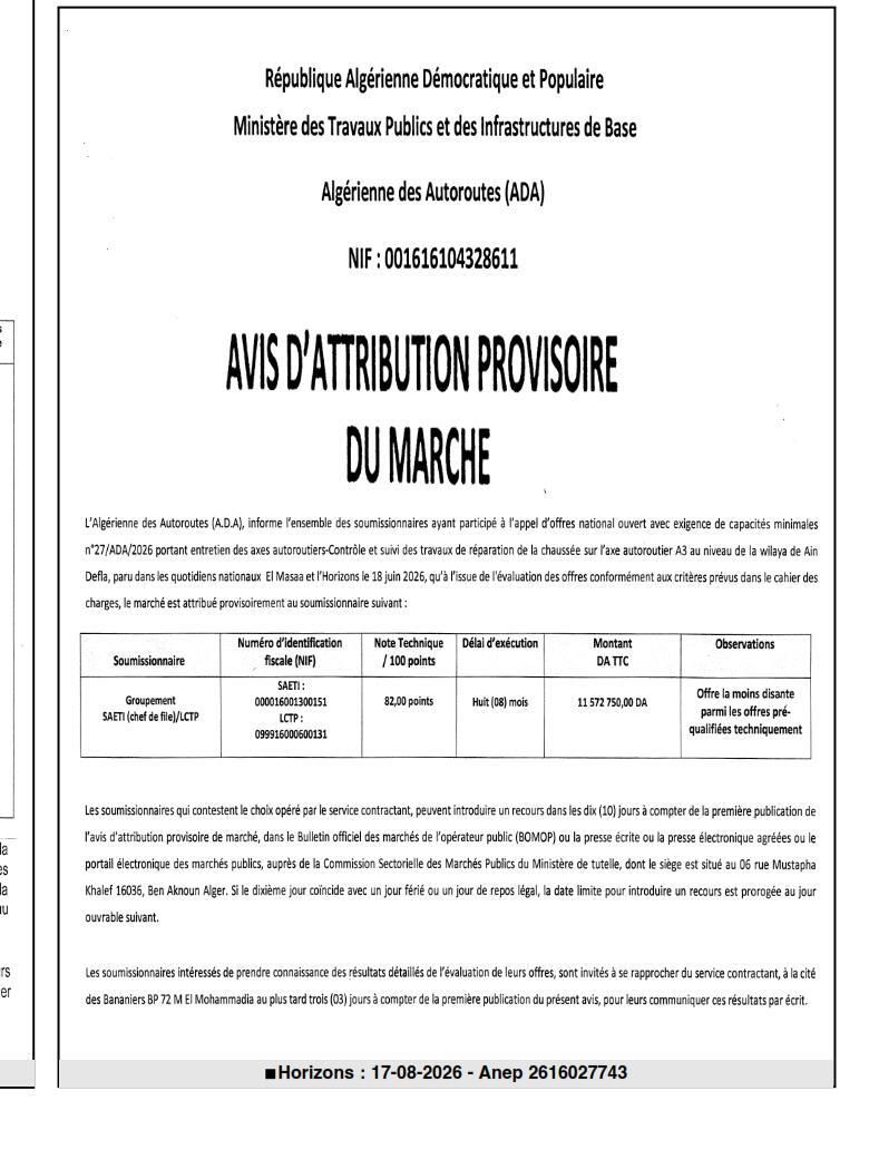 Avis d'attribution provisoire du marché pour l'entretien des axes autoroutiers sur l'axe A3 (wilaya d'Aïn Defla)