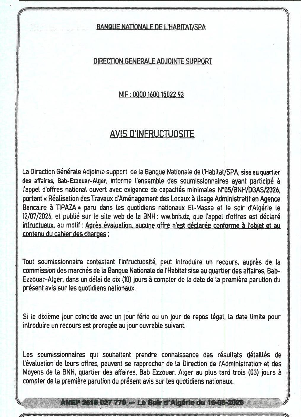 Avis d'infructuosité pour la réalisation des travaux d'aménagement des locaux administratifs en agence bancaire à Tipaza