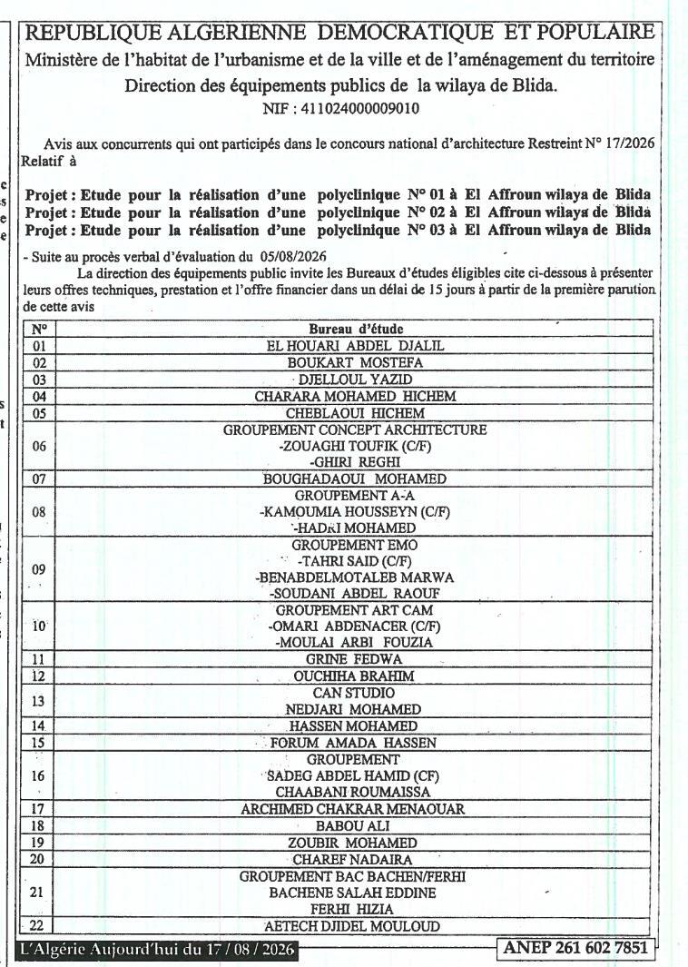 Avis de consultation pour la réalisation d'études architecturales de trois polycliniques à El Affroun (wilaya de Blida)