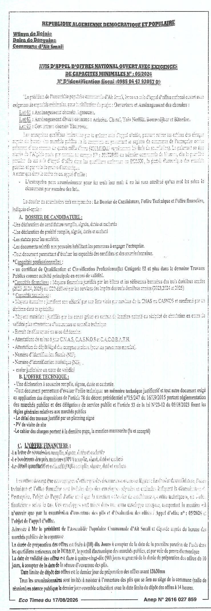 Avis d'appel d'offres national ouvert pour l'ouverture et l'aménagement de climats (lots 01, 02 et 03)