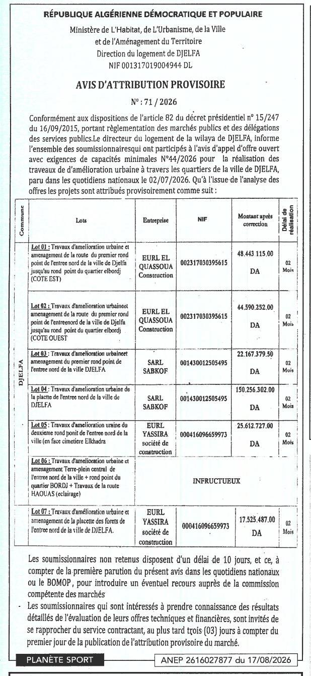 Avis d'attribution provisoire pour la réalisation de travaux d'amélioration urbaine dans la wilaya de Djelfa