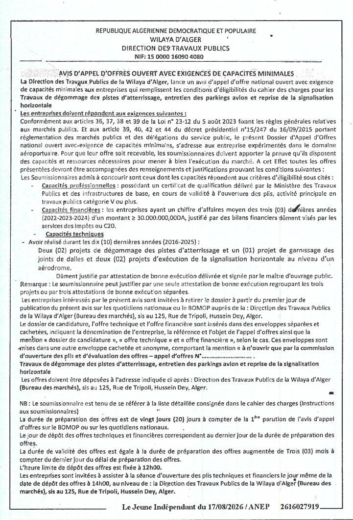 Appel d'offres national ouvert pour travaux de dégommage, entretien et signalisation aéroportuaire