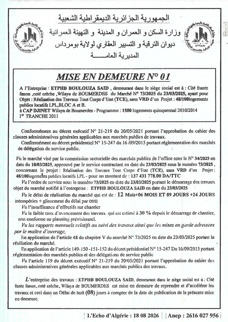 Mise en demeure pour non-respect des délais d'exécution des travaux de réalisation de logements publics locatifs
