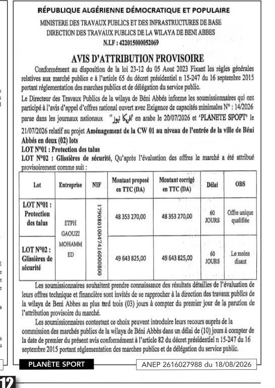 Avis d'attribution provisoire pour l'aménagement de la CW 01 à Béni Abbès