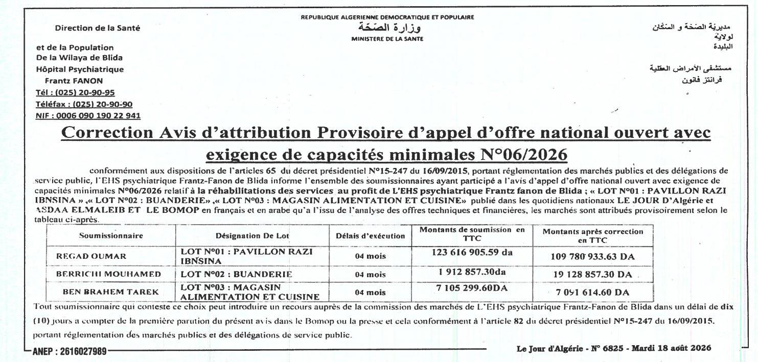 Avis d'attribution provisoire de marché pour la réhabilitation de services