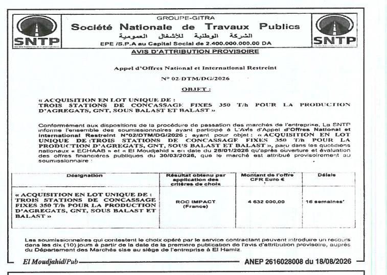 Avis d'attribution provisoire pour l'acquisition de trois stations de concassage fixes