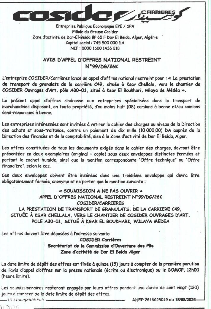 Appel d'offres national restreint pour la prestation de transport de granulats