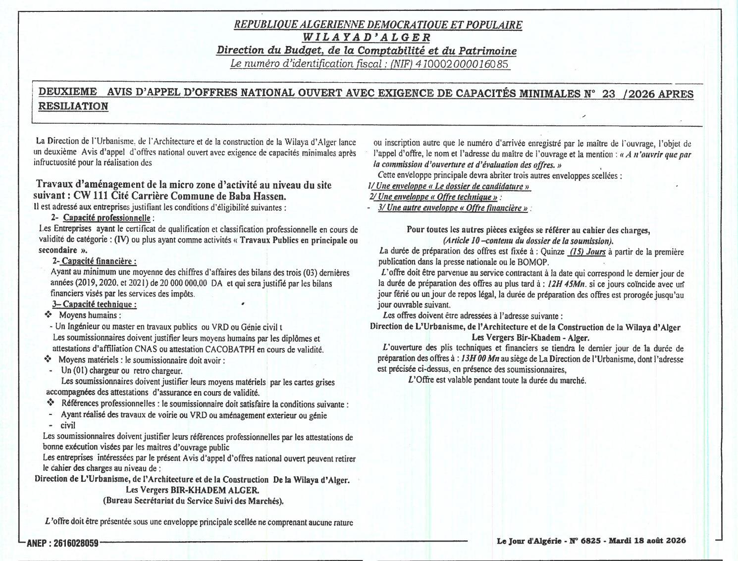 Deuxième avis d'appel d'offres national ouvert avec exigence de capacités minimales n° 23/2026 après résiliation pour travaux d'aménagement de micro zone d'activité