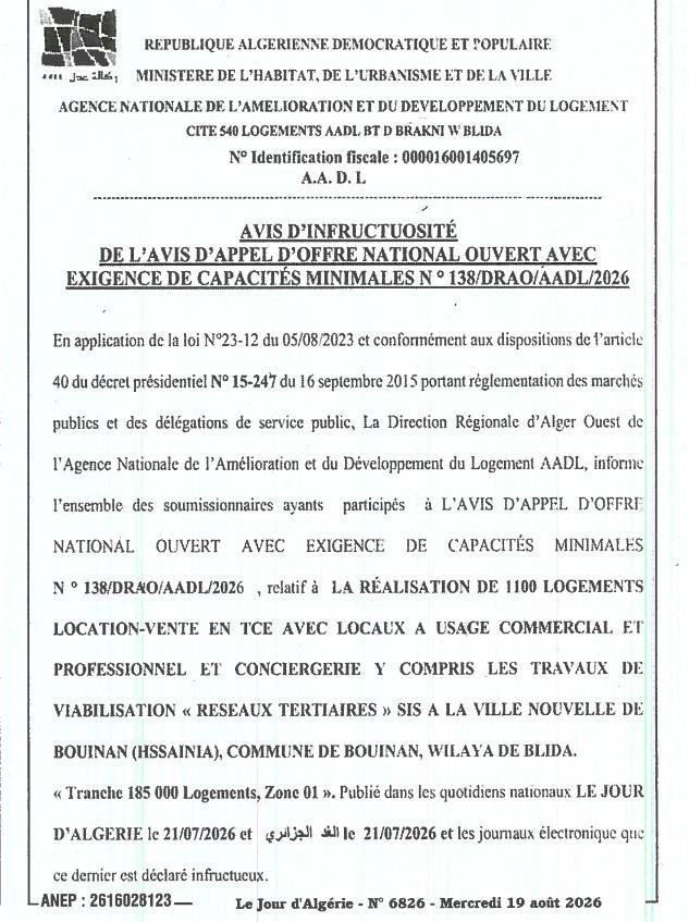 Avis d'infructuosité relatif à la réalisation de 1 100 logements en TCE à Bouinan (Blida)