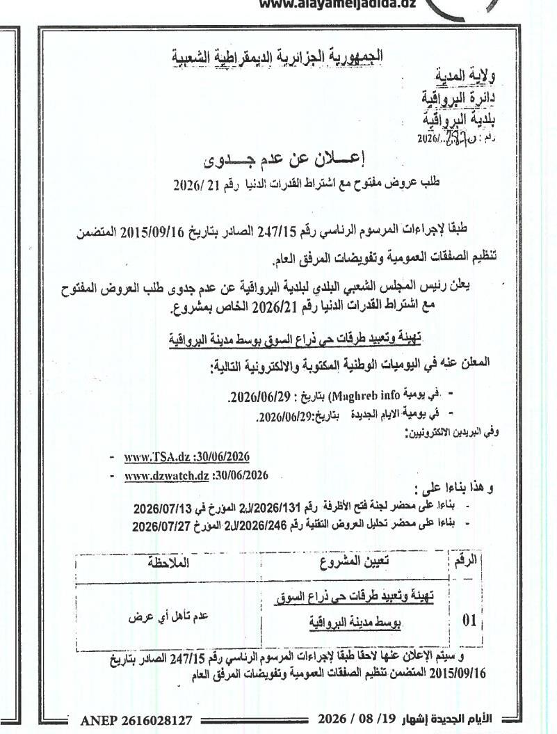 Avis d'infructuosité pour l'aménagement et le revêtement de routes dans le quartier Diraa Es-Souk au centre-ville de la commune d'El-Broaquia (wilaya de Médéa)