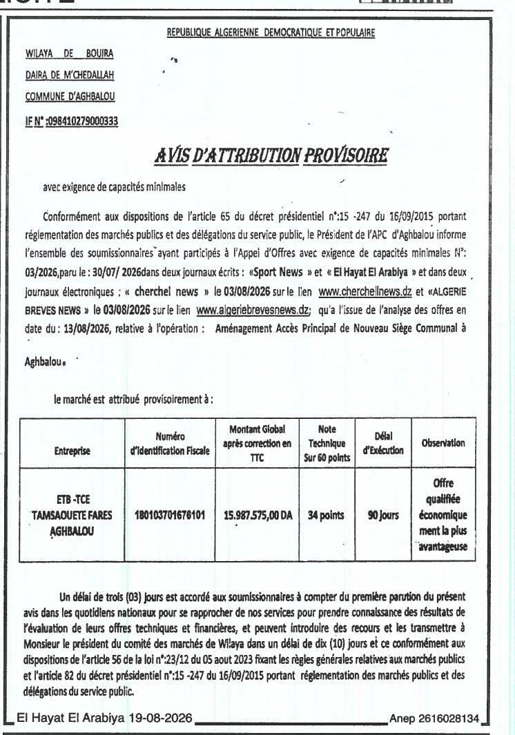 Avis d'attribution provisoire de marché pour l'aménagement de l'accès principal du nouveau siège communal à Aghbalou
