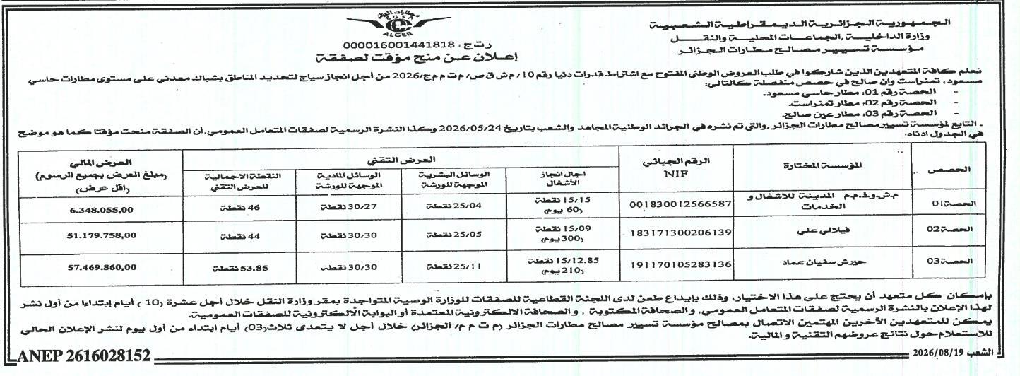 Avis d'attribution provisoire de marché pour la réalisation d'une clôture de zoning en grille métallique aux aéroports de Hassi Messaoud, Tamanrasset et In Salah