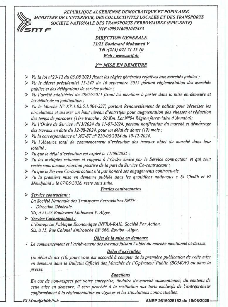 Mise en demeure relative au renouvellement de ballast pour sécuriser les circulations ferroviaires (Lot N°04 - Région ferroviaire d'Annaba)